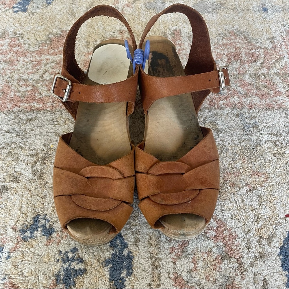 Brown Leather Women's Wooden Clogs